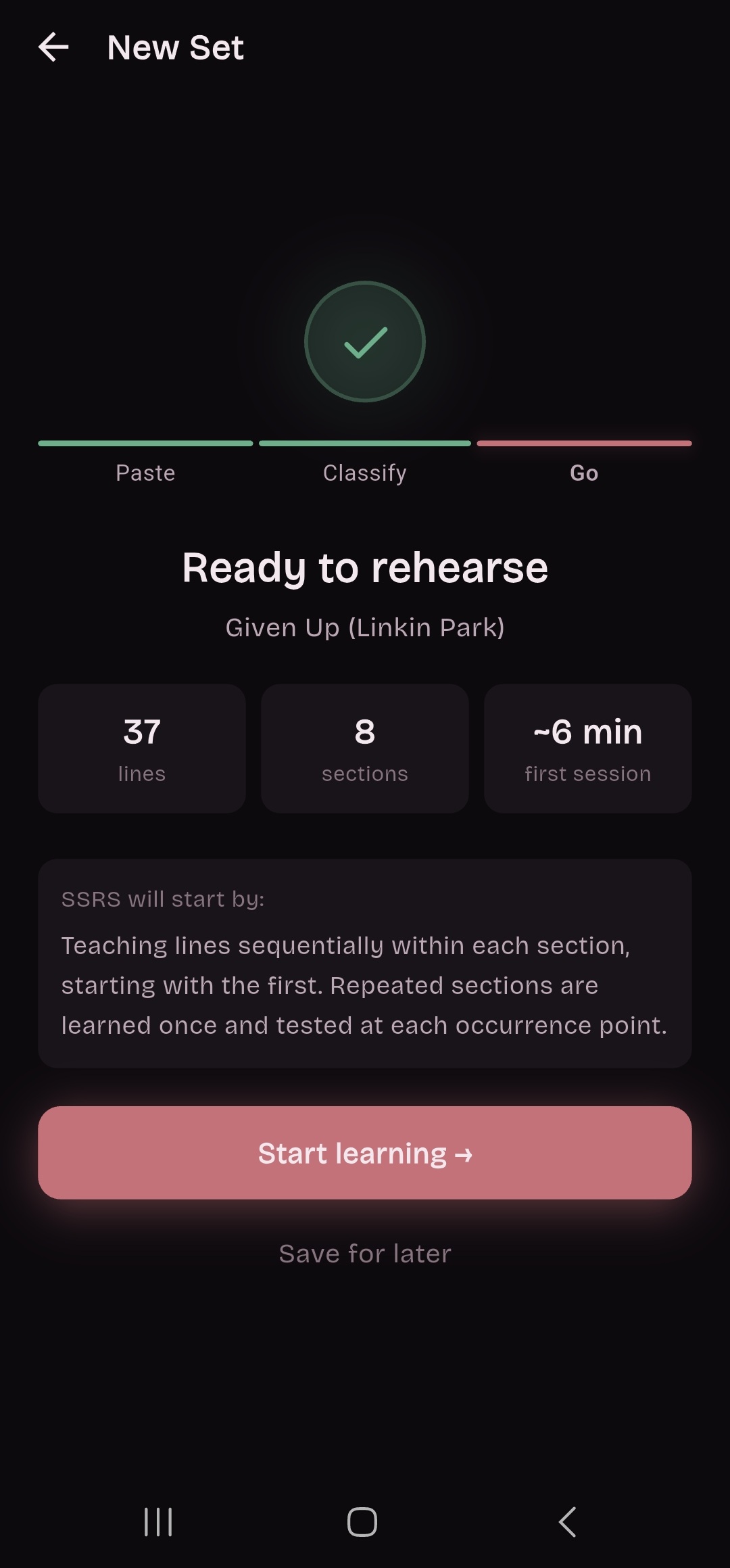 Set created, ready to learn